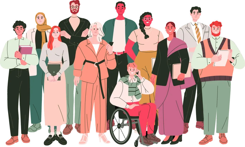 Diverse group of people, including a wheelchair user, representing inclusive citizenship and participation in digital public governance.